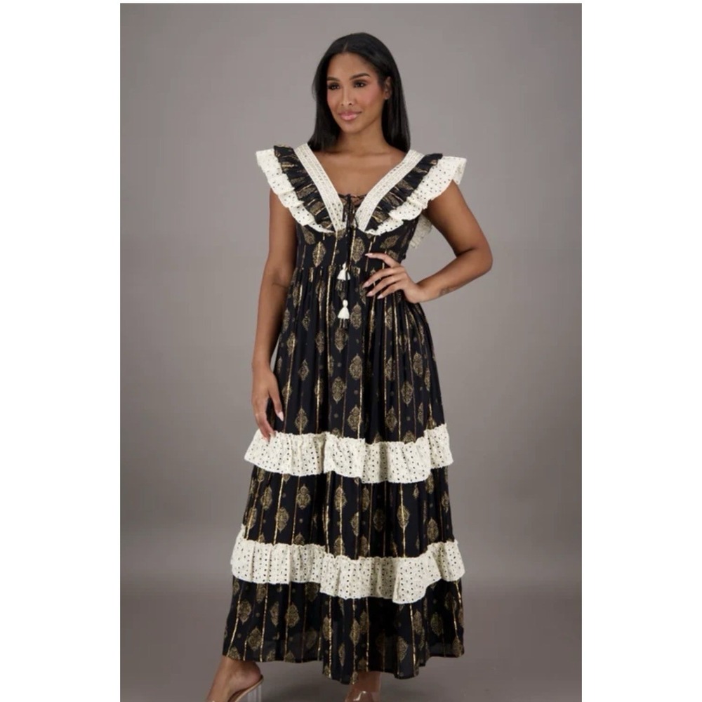 NWT Ananta Tiered Ruffled Dress. Eyelet & Metallic Details. Made In India Sz S/M